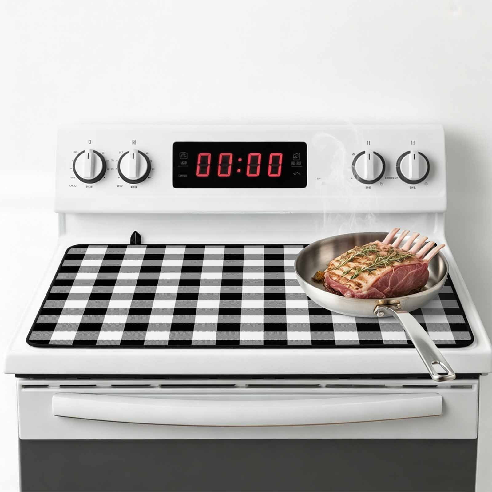 Black and White Plaid Stove Top Cover for Electric Stove, Heat-proof & Non Slip Glass Top Stove Cover Protector, Farmhouse Checkered Buffalo Kitchen Flat Cooktop Rubber Mat 24x21 Inches