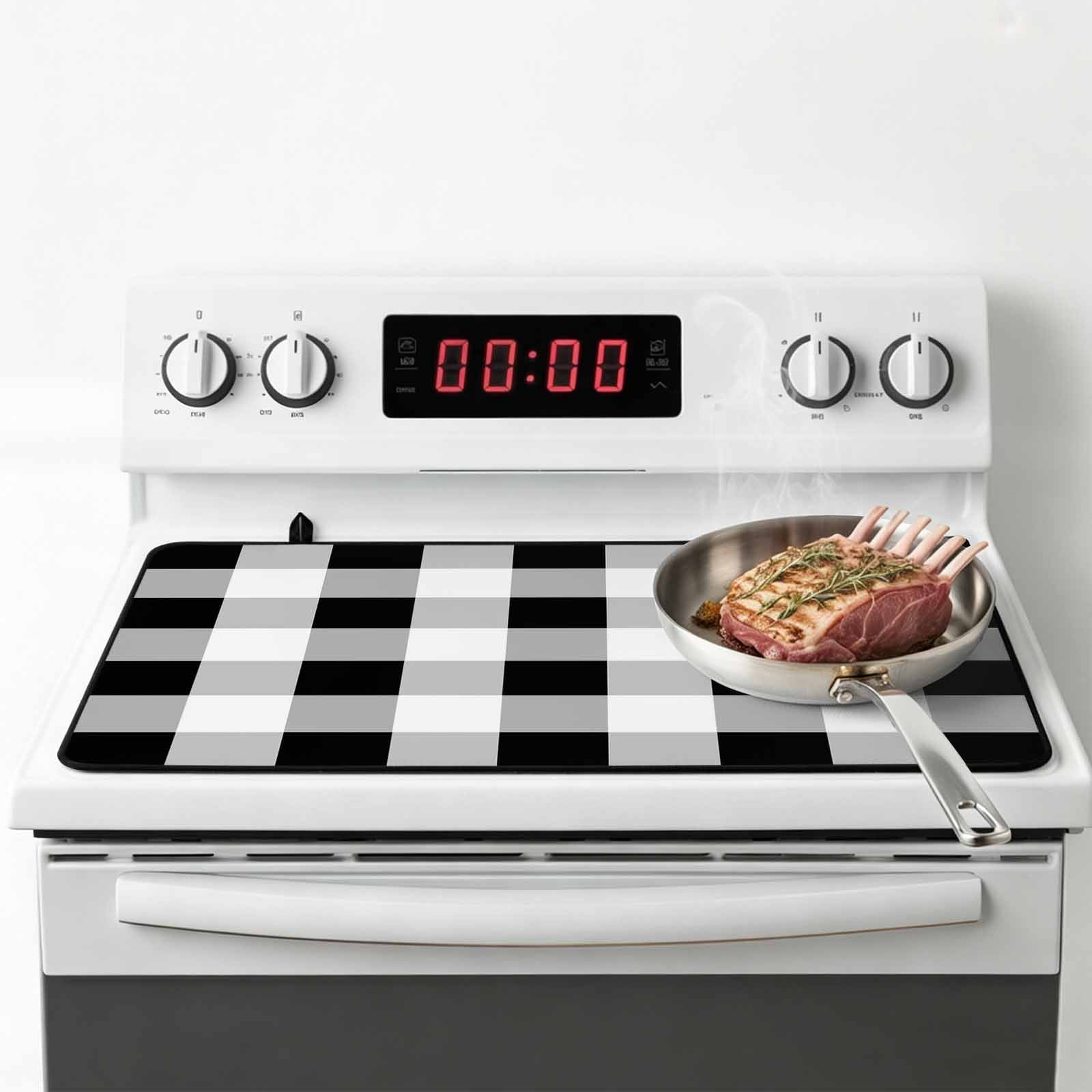 Black White Plaid Stove Top Cover for Electric Stove, Heat-proof & Non Slip Glass Top Stove Cover Protector, Spring Farmhouse Buffalo Checkered Kitchen Flat Cooktop Rubber Mat 31x24 Inches