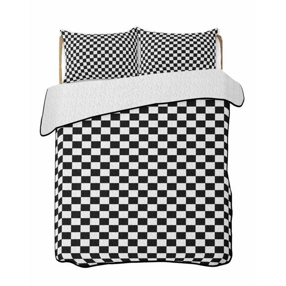 Black White Plaid Summer Quilt Set Full Size, Soft Microfiber Quilted Bedding Set with 2 Pillow Shams, Modern Buffalo Check Gingham Art Lightweight All Season Bedspread Coverlet for Bedroom 78"x90"
