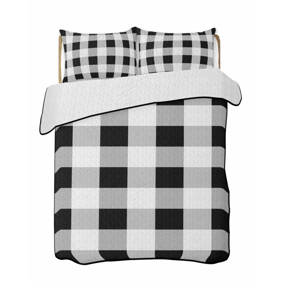 Black White Plaid Summer Quilt Set Full Size, Soft Microfiber Quilted Bedding Set with 2 Pillow Shams, Spring Farmhouse Buffalo Checkered Lightweight All Season Bedspread Coverlet for Bedroom 78"x90"