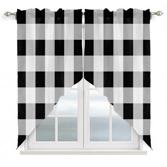 Black White Plaid Swag Curtain Valance for Window 2 Panels Simple Pattern Rod Pocket Small Window Swag Valances for Kitchen Bedroom Bathroom 28" W x 36" L