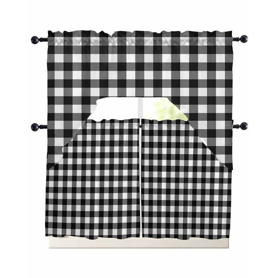 Black White Plaid Swag Curtains for Living Room/Bedroom Windows, Modern Simple Buffalo Check Gingham Kitchen Curtains and Valances Set 36 Inch Length, Light Filtering Swags Valance Curtain Panels