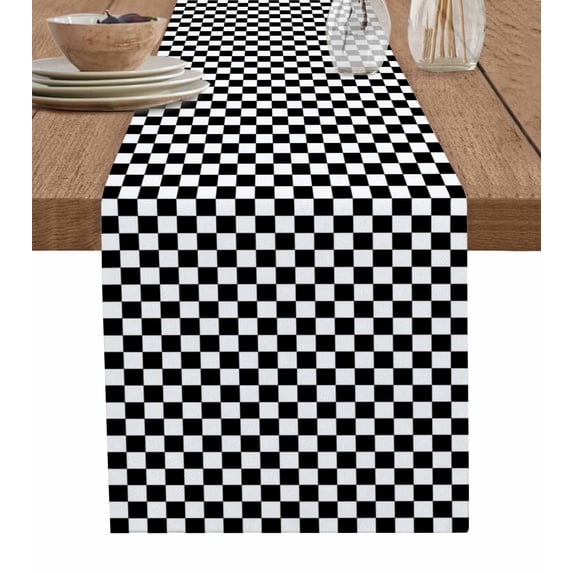 Black White Plaid Table Runner 60 Inches, Modern Buffalo Check Gingham Art Bed Runner Dresser Scarves Tabletop for Indoor Outdoor Parties/Ceremony/Banquet, 13" x 60"