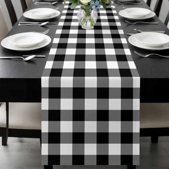 Black White Plaid Table Runner 90 Inches Long, Gradient Geometric Buffalo Checkered Kitchen Coffee Dining Table Decoration for Home Party Birthday Wedding Home Decor 13x90 Inches