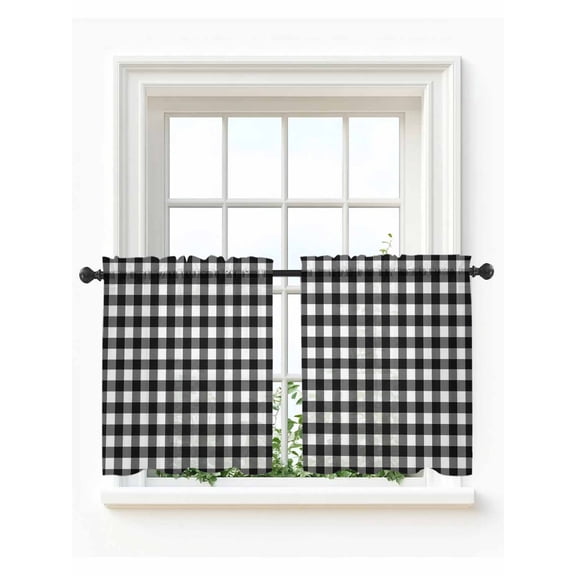 Black White Plaid Tier Curtains 24 Inch Length,Sheer Curtains for Bedroom Living Room Window Modern Simple Buffalo Check Gingham Voile Drapes Kitchen Curtains Small Half Window 27.5"x24" 2 Panels