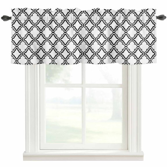 Black White Plaid Valances for Windows Abstract White Morocco Texture Rod Pocket Curtain Valance Window Treatment Short Curtains for Kitchen Living Room, 42"x12"