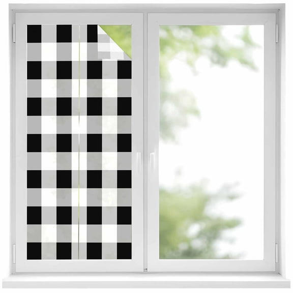 Black White Plaid Window Privacy Film, Spring Farmhouse Buffalo Checkered Static Cling UV Sun Blocking Heat Control Window Tint Day and Night, Non-Adhesive One Way Windows Privacy Cover 17.7''x39.3''