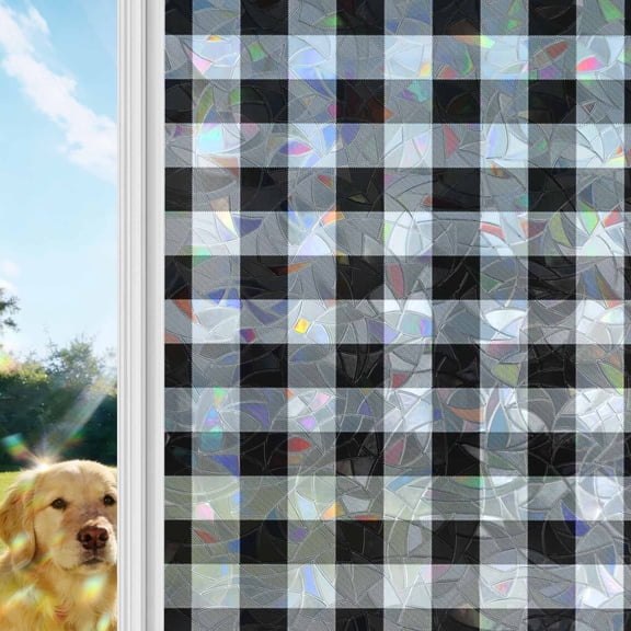 Black and White Plaid Window Privacy Film Stain Glass,Reusable Decorative Rainbow Window Film,Farmhouse Checkered Buffalo Static Cling Sun Blocking Stickers Decals Covers 17.7" x 39.3" (2pcs)