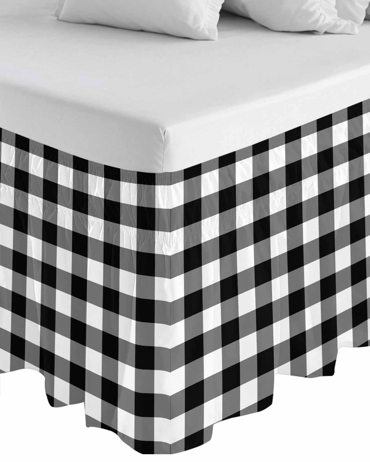 Black White Plaid Wrap Around Bed Skirts for Queen Bed 16" Drop,Bed Skirt with Adjustable Elastic Belt Dust Ruffle Bed Valance for Bedroom Hotel Gradient Geometric Buffalo Checkered Bed Frame Cover