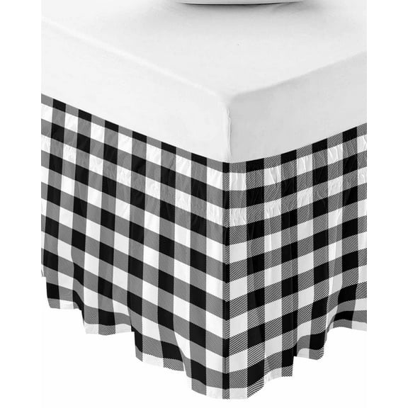 Black White Plaid Wrap Around Bed Skirts for Queen Bed 16" Drop,Bed Skirt with Adjustable Elastic Belt Dust Ruffle Bed Valance for Bedroom Hotel Luxury Farmhouse Modern Art Checkered Bed Frame Cover