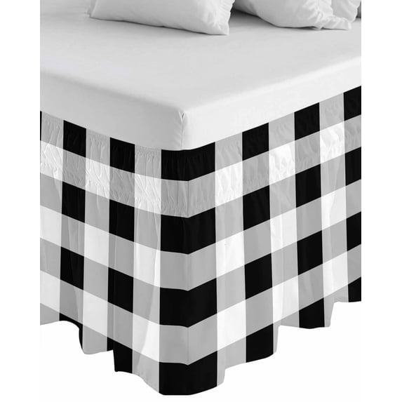 Black White Plaid Wrap Around Bed Skirts for Queen Bed 16" Drop,Bed Skirt with Adjustable Elastic Belt Dust Ruffle Bed Valance for Bedroom Hotel Spring Farmhouse Buffalo Checkered Bed Frame Cover