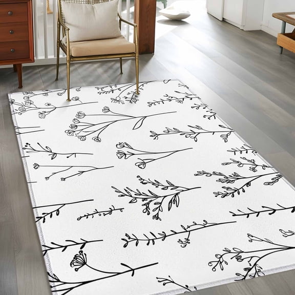 Black White Plant 3x5 Rug for Bedroom Foot of Bed Small Living Room, Art Floral Farmhouse Leaf Retro Flower Botanical Washable Non Slip Rectangle Area Rug