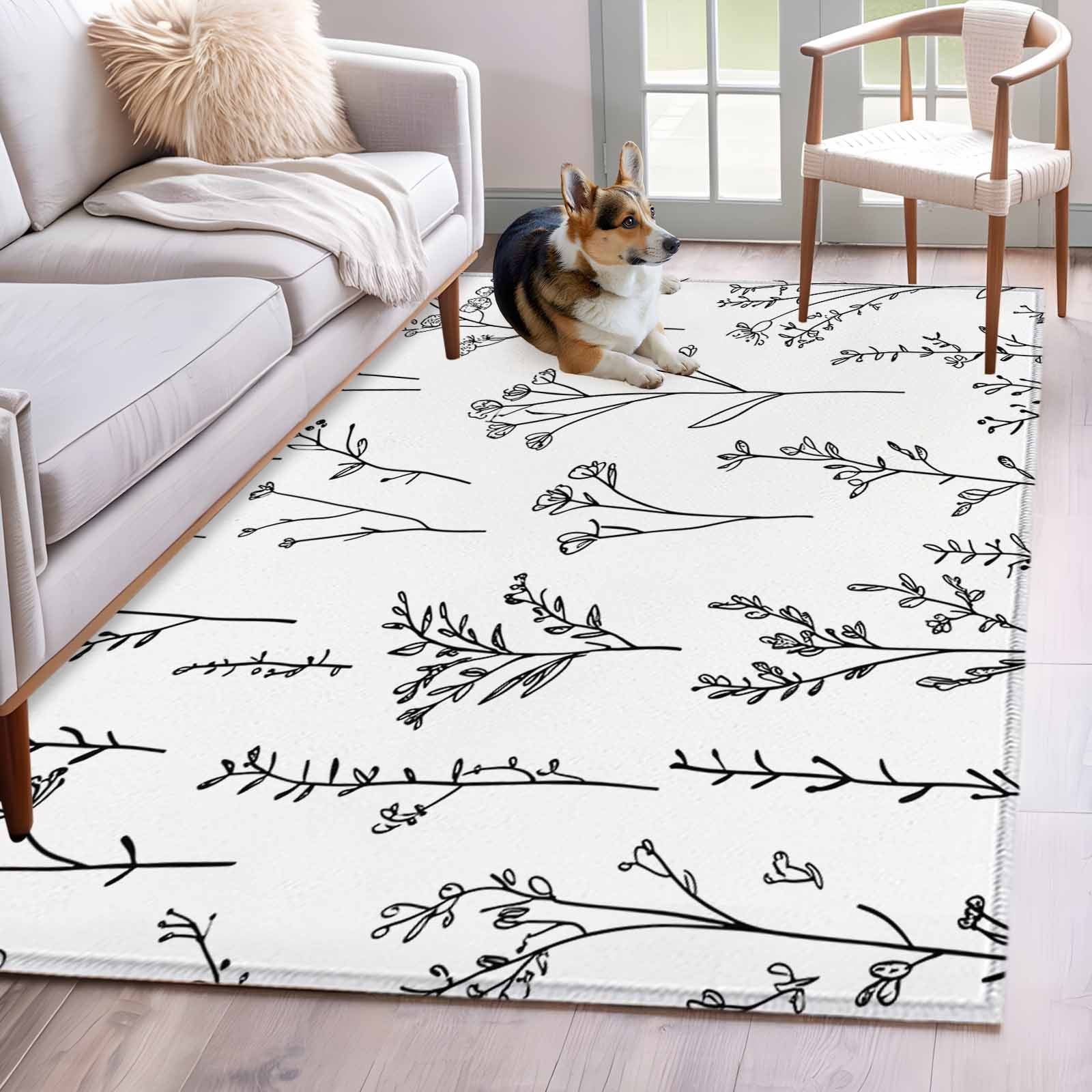 Black White Plant Washable Area Rugs 3'x5', Art Floral Farmhouse Leaf ...