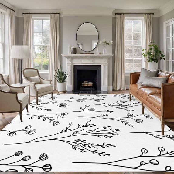 Black White Plant Washable Living Room Rugs 5'x7', Floral Farmhouse Leaf Retro Flower Botanical Low Pile Throw Large Area Rugs Non-Slip Sturdy Edge Binding Carpet for Dining Room Bedside Kitchen
