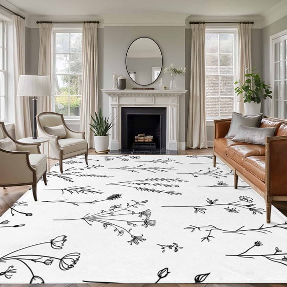 Black White Plant Washable Living Room Rugs 6'x9', Boho Floral Farmhouse Leaf Retro Flower Botanical Low Pile Throw Large Area Rug Non-Slip Sturdy Edge Binding Carpet for Dining Room Kitchen Office