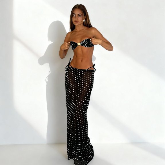 Black White Polka Dot 3 Piece Bikini Set with Sheer Mesh Maxi Cover Up Skirt, Strapless Bandeau Tie Side Cheeky Swimsuit Sizes