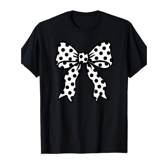 Black White Polka Dot Bow Graphic T‑Shirt, Coquette Aesthetic Short‑Sleeve Crew Neck Casual Tee Tops for Women