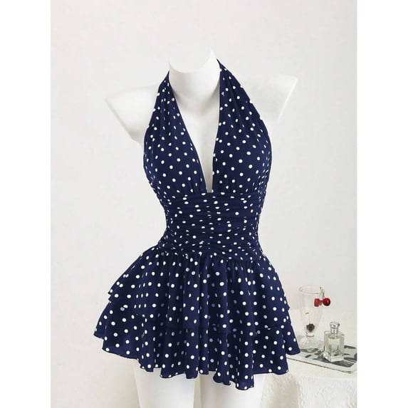 Black & White Polka Dot Deep V-Neck Halter Backless Fitted Mini Dress with Ruffle Hem