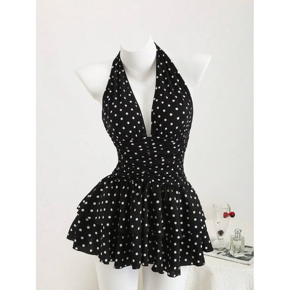 Black & White Polka Dot Deep V-Neck Halter Backless Fitted Mini Dress with Ruffle Hem