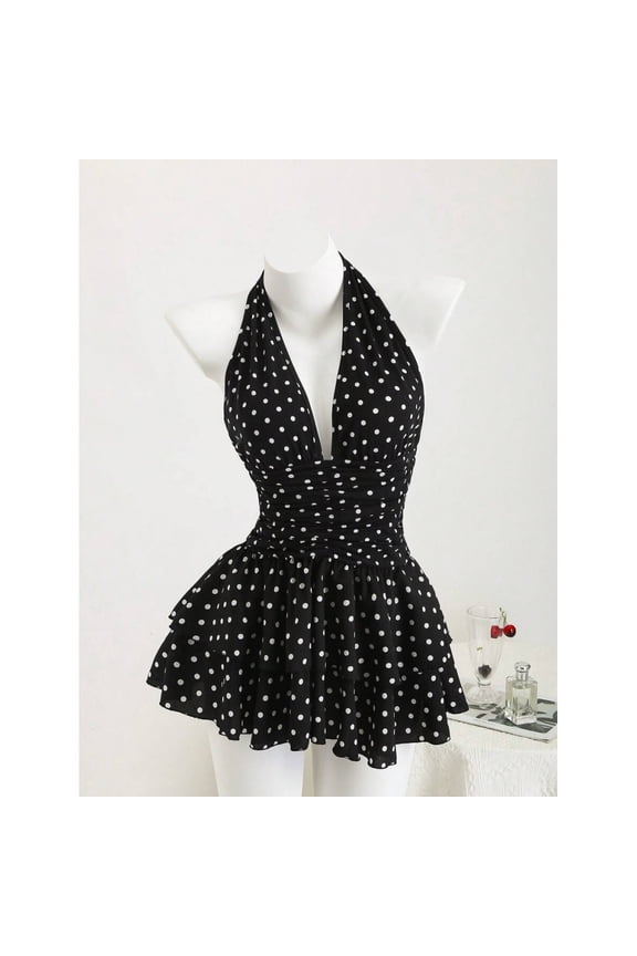 Black & White Polka Dot Deep V-Neck Halter Backless Fitted Mini Dress with Ruffle Hem