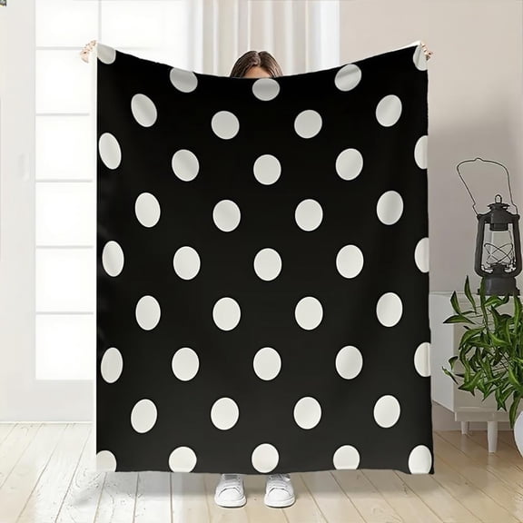 Black and White Polka Dot Fleece Blanket - Soft Cozy Large 50"x60" Throw Bedspread, 280GSM All-Season Couch Sofa Bed Cover, Modern Minimalist Bedding for Living Room Decor in Black & White Dots