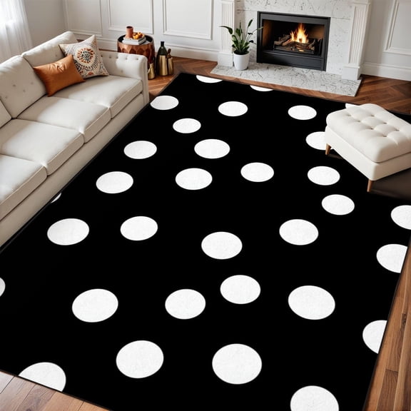Black White Polka Dots Area Rug, Circular Pattern Carpet, Washable Non Slip Low Pile Soft Thin, Living Room Bedroom Dining Office Home Decor Mat 4x6ft
