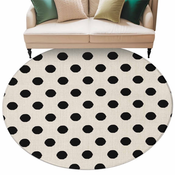 Black White Polka Dots Area Rug, Cute Solid Color Linen Washable Large Circle Carpet, Non Slip Round Rug for Living Room/Bedroom/Dining Room/Home Office/Dorm