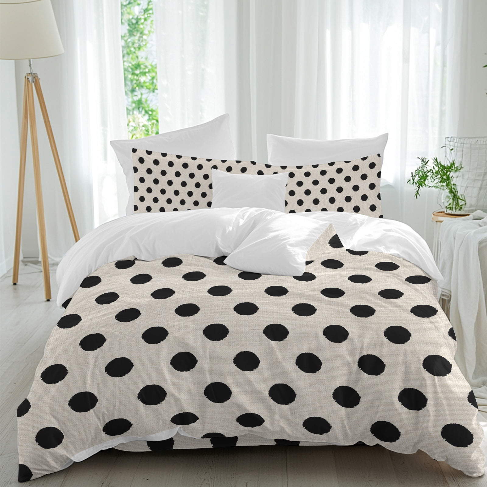 Black White Polka Dots California King Duvet Cover Set, Cute Solid Color Linen 4 Piece Microfiber Bedding Set with Zipper Closure, Bed Sheet and 2 Pillow Shams, Soft Bedding Cover