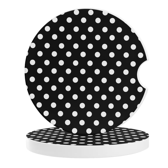 Black White Polka Dots Car Coasters for Cup Holders Set of 2 Absorbent, 2.56" Ceramic Stone Drinks Cupholder Coasters with Finger Notch Modern Abstract Art Circle Auto Interior Accessories for Women
