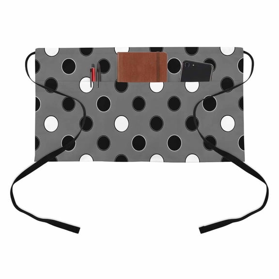 Black White Polka Dots Kitchen Restaurant Half Waist Apron, Modern Minimalist Geometric Circles Spots Server Short Apron with 3 Pockets Waterproof Oil Waist Aprons for Women Waitress Waiter