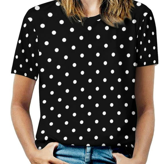 Black White Polka Dots T-Shirt O Neck Retro Print Big Size T-Shirts Short Sleeve Tees Womens Sexy Pretty Design Clothin