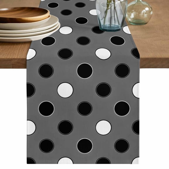 Black White Polka Dots Table Runner, Modern Minimalist Geometric Circles Spots Cotton Linen Table Cloth, Tablerunner for Kitchen Dining Party Wedding Home Decor 13x36 Inch