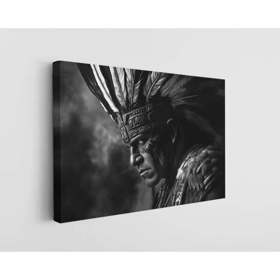 Black and White Portrait of an Aztec Warrior Canvas Wall Art - High-Quality Historic Print - Handcrafted Cultural Decor - Stylish Wall Art - Gift for History Lovers