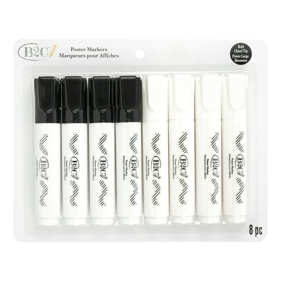 Black & White Poster Chisel Tip Markers by B2C - Bold Chisel Tip – Ideal for Classroom Projects - Posters & Presentations - 12 Pack