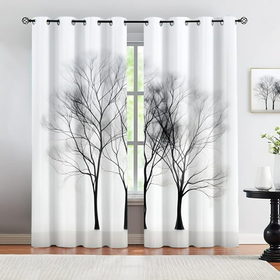 Black And White Print Curtain, Black Branches Tree Pattern Blackout Window Curtain, Grommet Thermal Insulated Window Curtain, For Bedroom Living Room Home Decor 29"W x 63"L (Pack of 2)