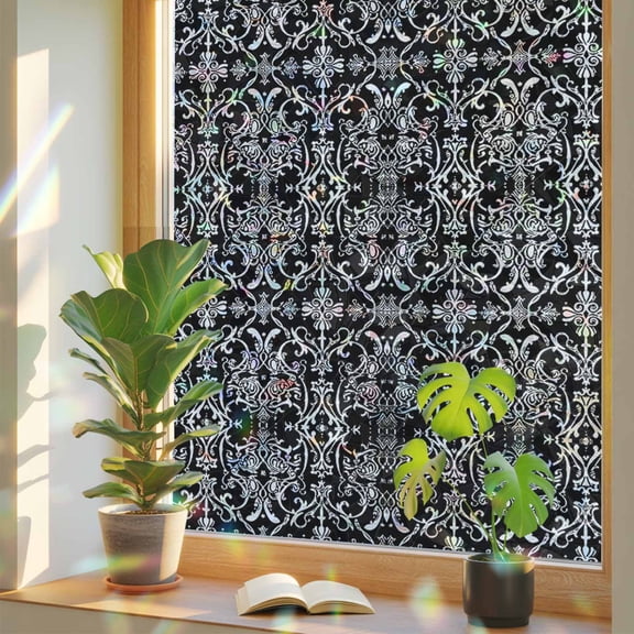 Black and White Privacy Window Film, Decorative Stained Glass Window Film, Modern Moroccan Geometric Abstract Art Resuable Rainbow Static Cling for Home Bathroom Living Room Glass Door 17.7"x39.3"