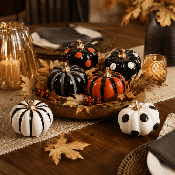 Hand-Painted Halloween Pumpkins – Black White Orange Foam Pumpkin Decor with Stripes and Dots for Tiered Tray,Indoor Fall Home Decorations,6 Pcs