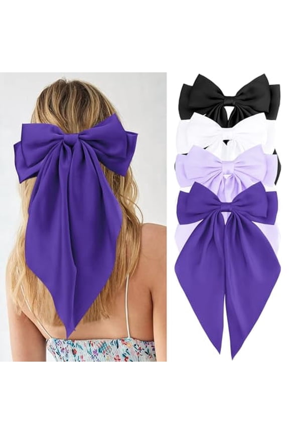 Black White Purple Deep Purple Hair Bows for Women Girls, Silky Satin Large Coquette Bow, Oversized Hair Ribbons 4Pcs Big Bows Clip Long Tail Bowknot Hair Barrettes Christmas Bow Accessories