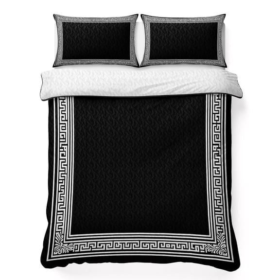 Black White Queen Quilt Bedding Set, Geometric Greek Key Bordered Abstract Art Lightweight Comforter with 2 Pillow Shams Bedroom Bedspread Set Home Decor for All Seasons