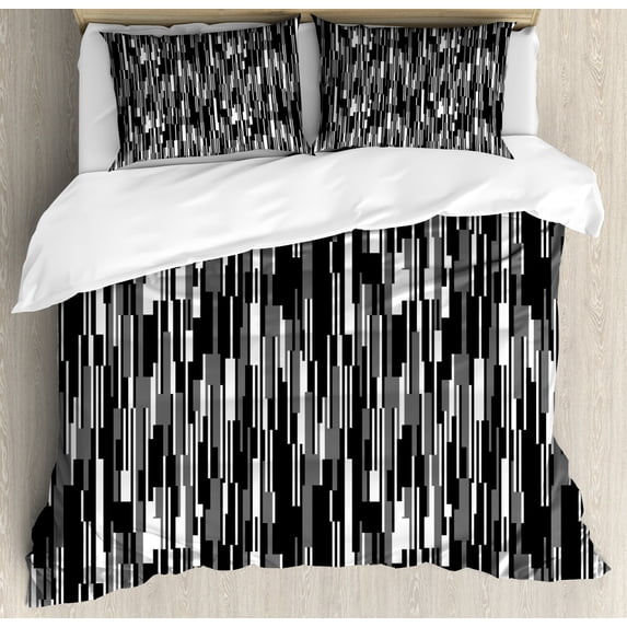 Black and White Queen Size Duvet Cover Set, Barcode Pattern Abstraction Vertical Stripes in Grayscale Colors, Decorative 3 Piece Bedding Set with 2 Pillow Shams, Black Grey White, by Ambesonne