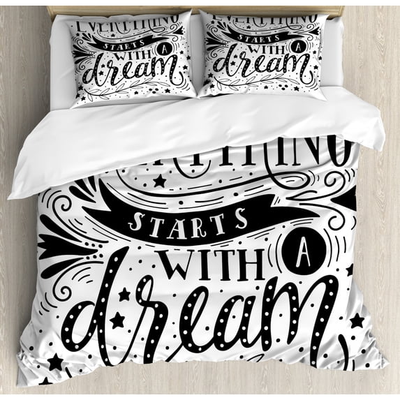 Black and White Queen Size Duvet Cover Set, Everything Starts with a Dream Quote Monochrome Stars Leaves and Curls, Decorative 3 Piece Bedding Set with 2 Pillow Shams, Black and White, by Ambesonne