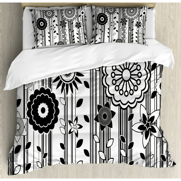 Black and White Queen Size Duvet Cover Set, Monochrome Funky Blossoms Abstract Pattern Vertical Lines and Leaves, Decorative 3 Piece Bedding Set with 2 Pillow Shams, Black and White, by Ambesonne