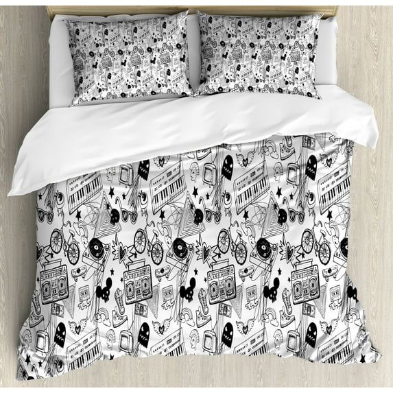 Black and White Queen Size Duvet Cover Set, Punk Teenage Pattern Cassette Keyboard Ghost Heart and Boombox Doodle, Decorative 3 Piece Bedding Set with 2 Pillow Shams, Black White, by Ambesonne