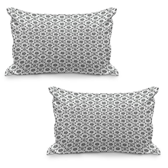 Black and White Quilted Pillowcover Set of 2, Monochrome Floral Arrangement with Abstract Swirl Leaves Spring Season, Standard Queen Size Pillow Cover for Bedroom, 30" x 20", Black White, by Ambesonne
