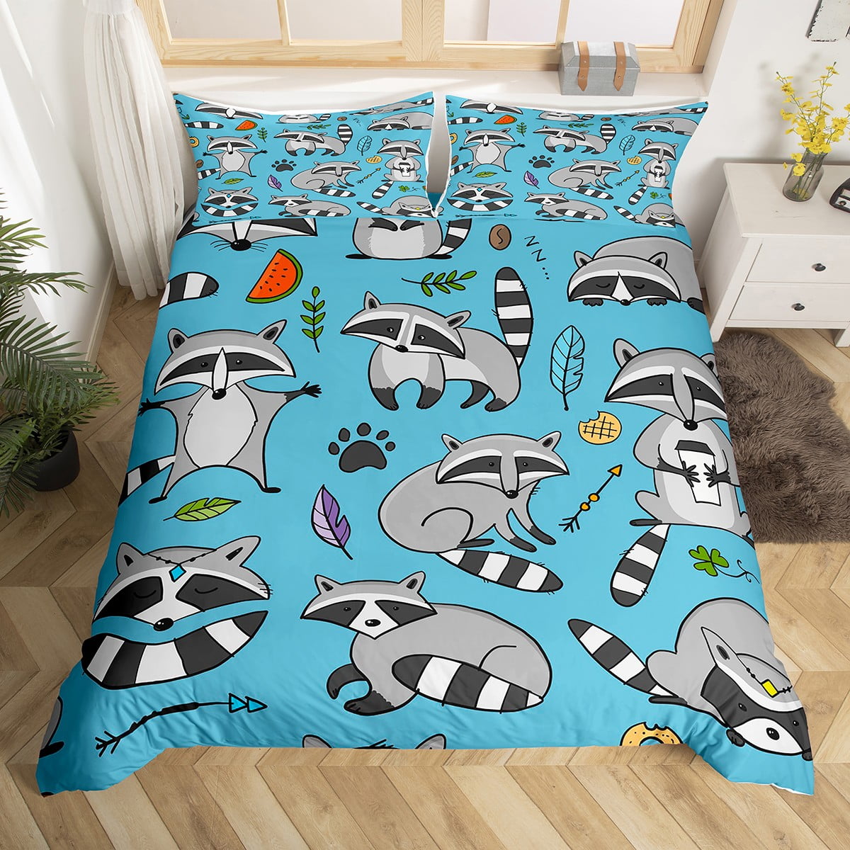 Birthday Raccoon Pattern Print Duvet Cover Bedding Set
