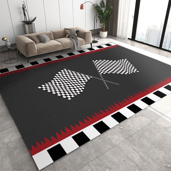 Black And White Racing Flag Area Rug Modern Simple For Living Room Rugs, Indoor Non-Slip Rugs, Machine Washable Breathable Durable Carpet For Bedroom Front Entrance Floor Decor 1x2ft