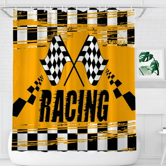 Black and White Racing Flag Shower Curtain for Bathroom, Racing Car Checker Texture Grid Chess Board Bathtubs Curtain Home Decor Waterproof Durable Fabric with 12 Hooks 72x72 inches