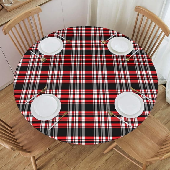 Black White and Red Checkered Tablecloth with Elastic Edge, Round Table Cloth Plaid Pattern Washable Reusable Table Cover for Kitchen Dining Party Picnic, Medium