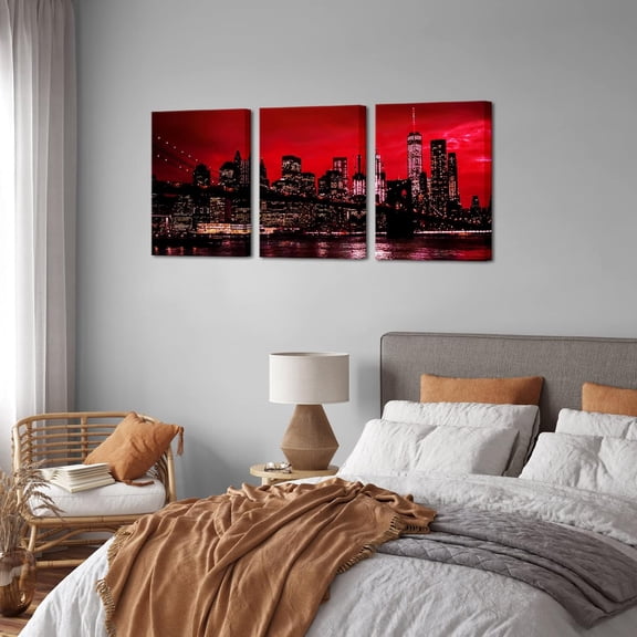 Black White and Red New York City Canvas Wall Art 3 Panels Brooklyn Bridge Night Skyline Modern Cityscape Decorative Accent for Home Office Living Room