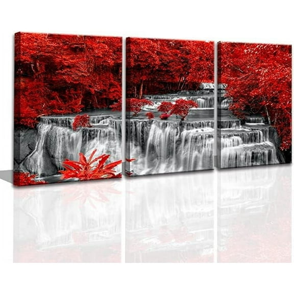 Black White and Red Waterfall Canvas Wall Art Trees Forest Painting Landscape Artwork for Wall Picture Waterfall Prints for Bedroom Living Room Decor Bathroom Wall Art-Framed Wall Art
